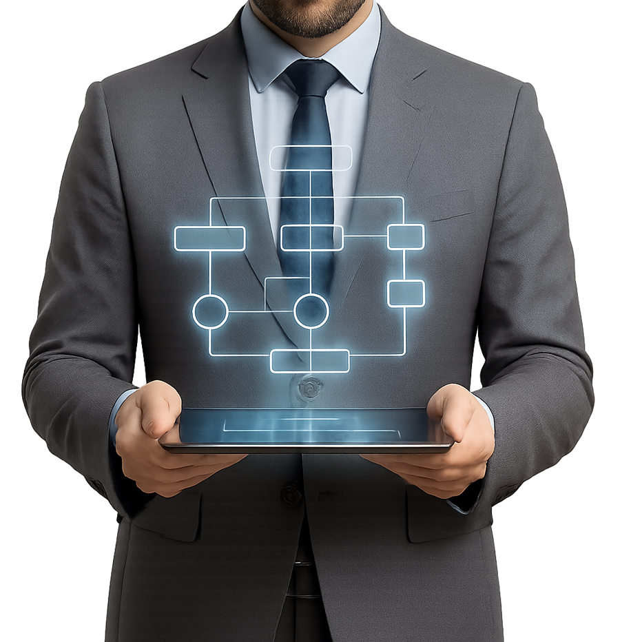 Manager prezentând o organigramă digitală pe tabletă