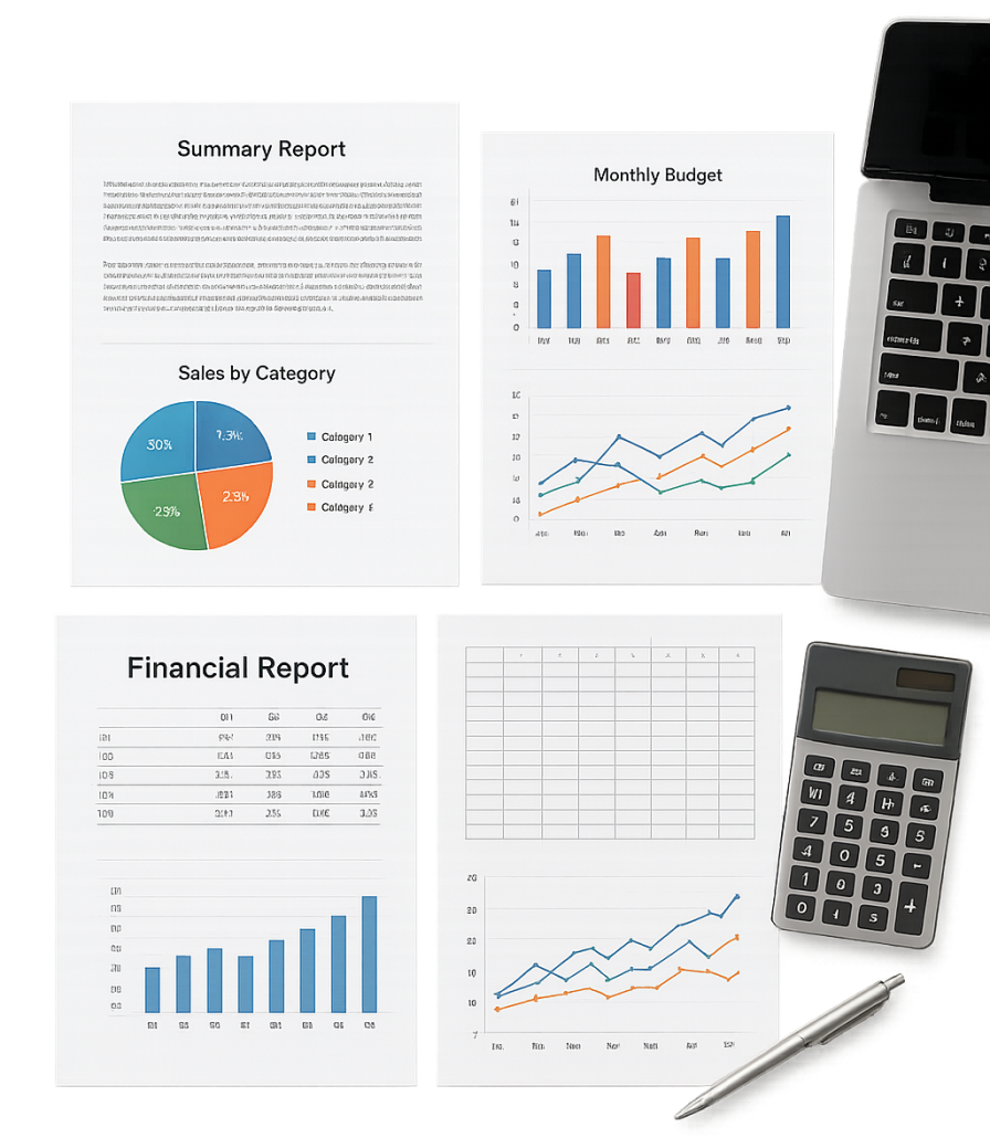 Documente și grafice financiare: rapoarte, bugete lunare, diagrame și calculator